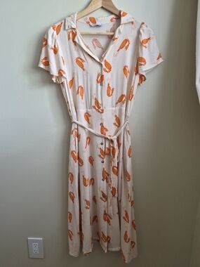 Cream and Orange Shrimp Printed Button-Front Midi Dress